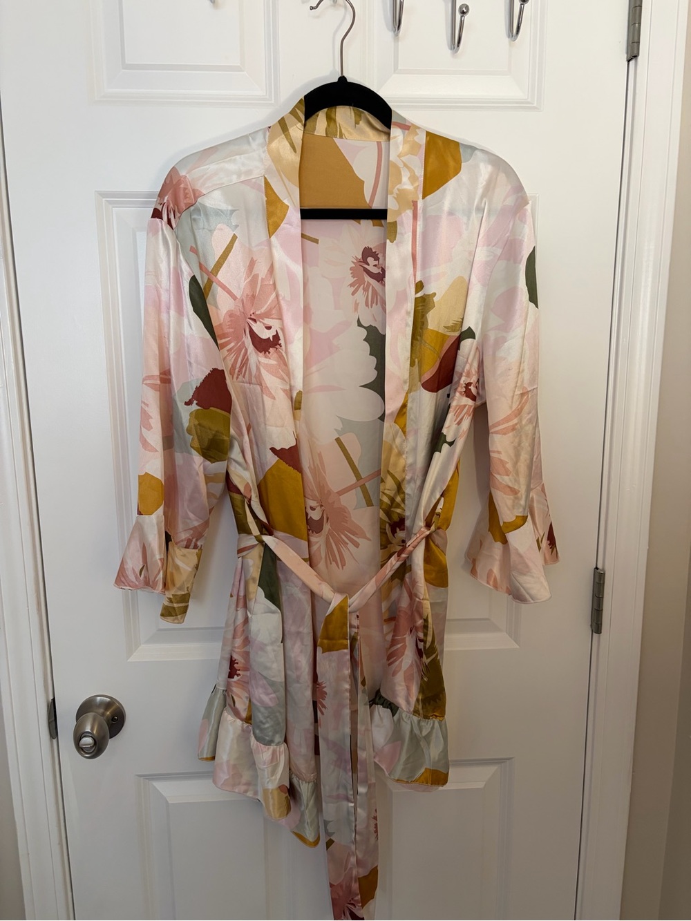 Silk-Feel Satin Floral Ruffle Kimono Robe Dressing Gown XL